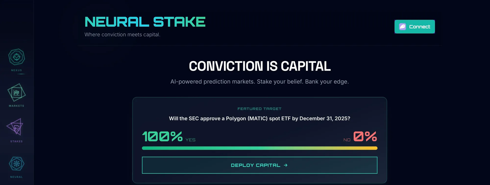 Neural Stake home screen with a featured market and its YES and NO odds.