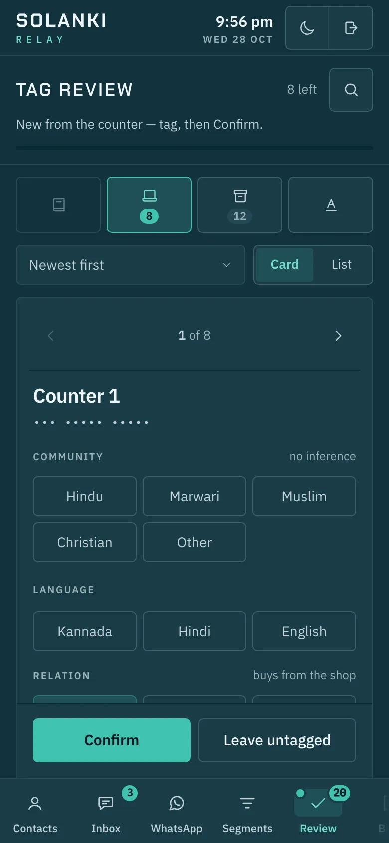 Review. A new number from the counter waits for a person to set community, language and relation.